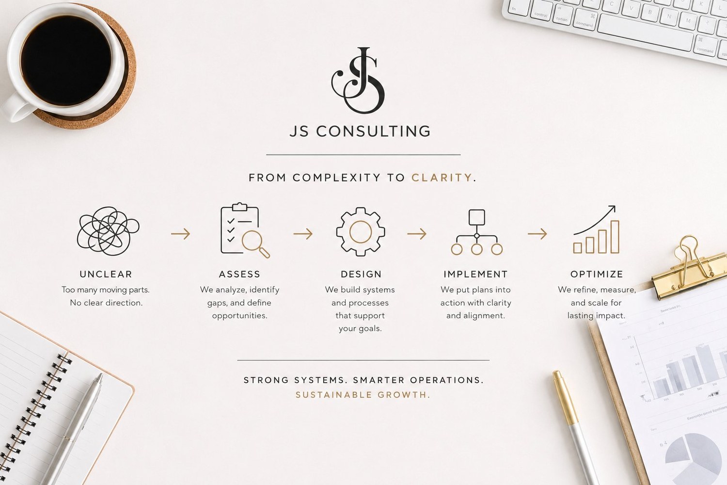 A clear, repeatable process, from complexity to clarity: Unclear, Assess, Design, Implement, Optimize.